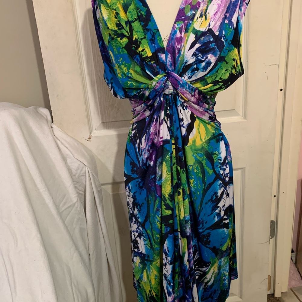 Blue and Green Plunge Neck Sleeveless Resort Midi Dress